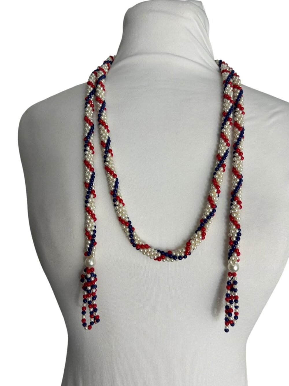 Patriotic Americana Twisted Seed Bead Lariat Necklace Long Red White Blue Tassel